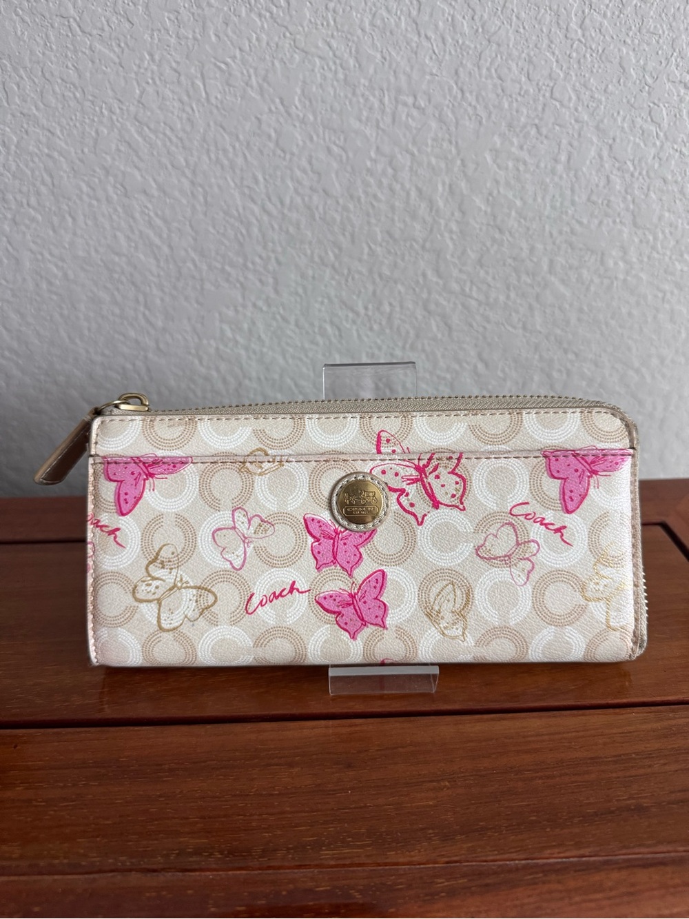 Coach Cream Wallet with Pink Butterfly Print
